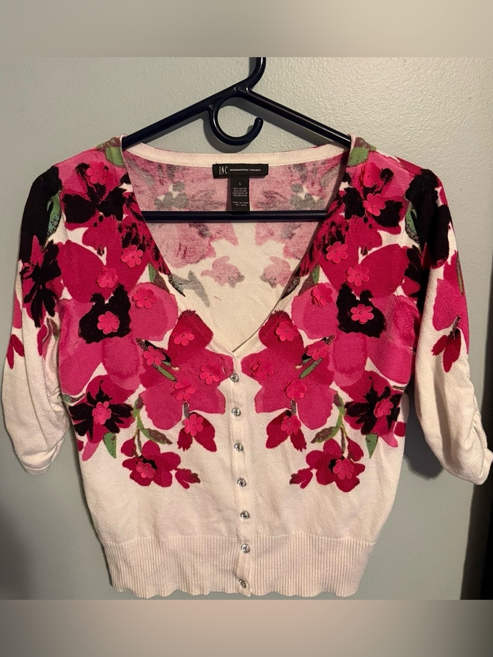 INC International Concepts White V-Neck Cardigan with Pink Floral Print
